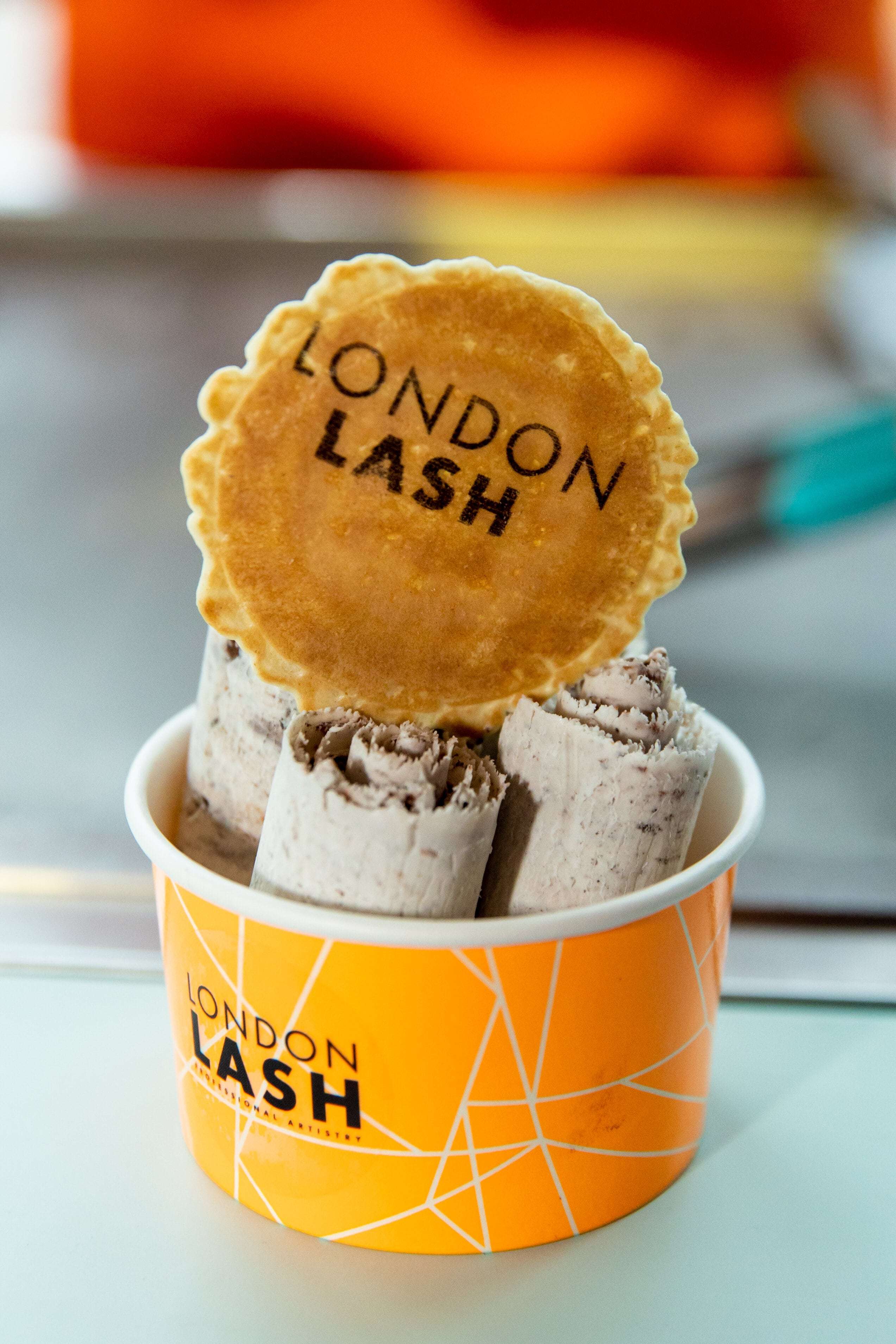 Oreo and nutella Rolled ice cream with London Lash branding