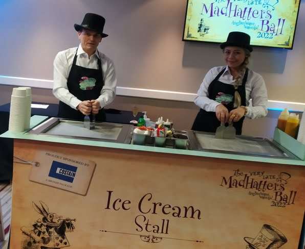 Two ice cream roll crafters with a double ice pan cart