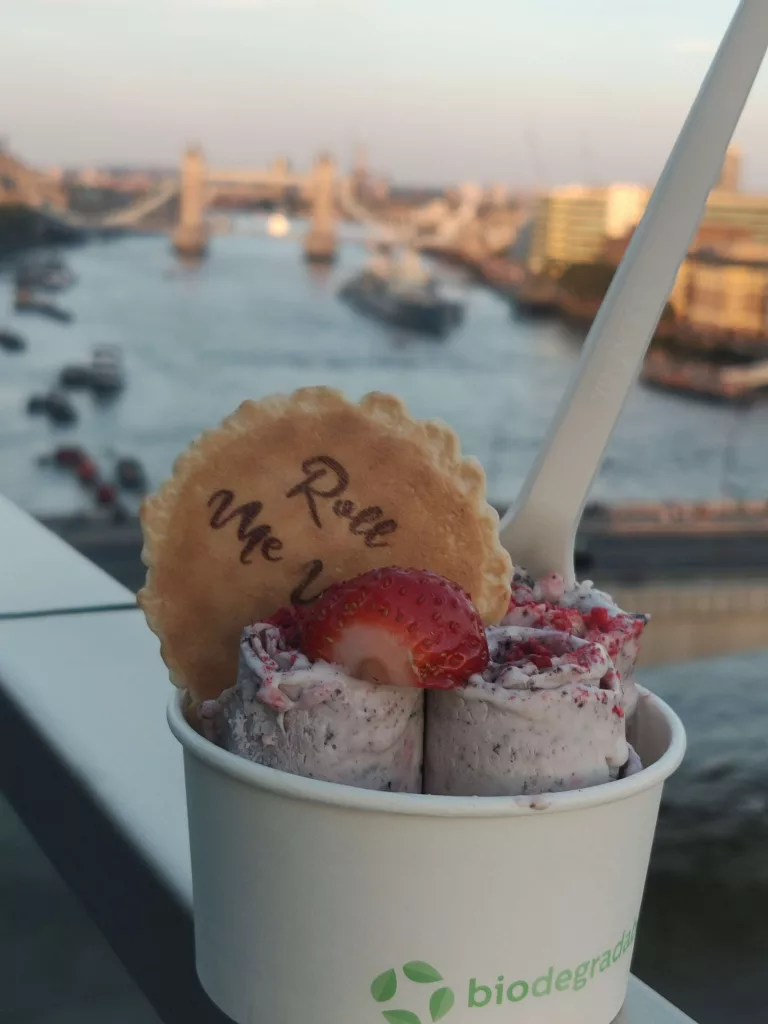 roll me up ice cream rolls at rooftop party over looking Tower bridge, London