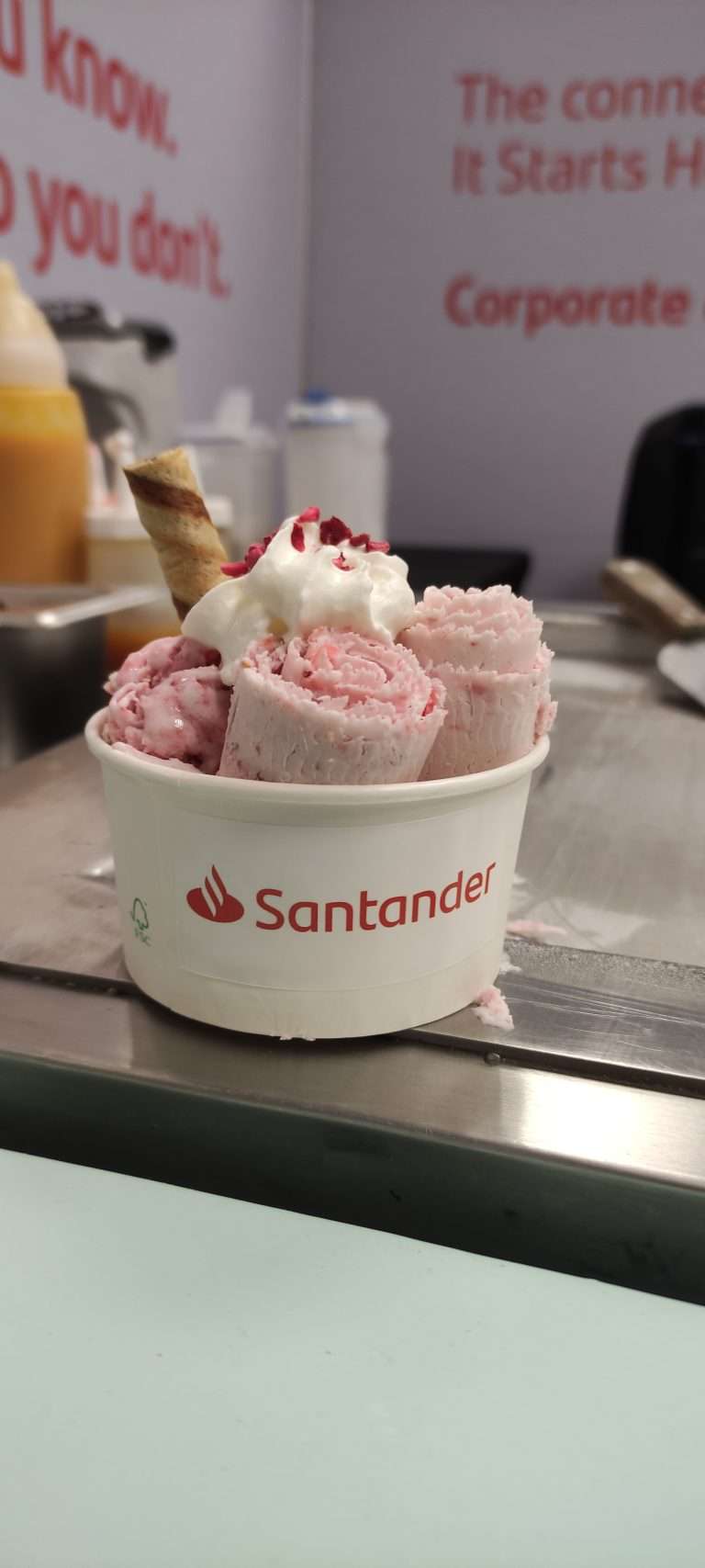 Santander branded Strawberry and Meringue with cream at public finance exhibition