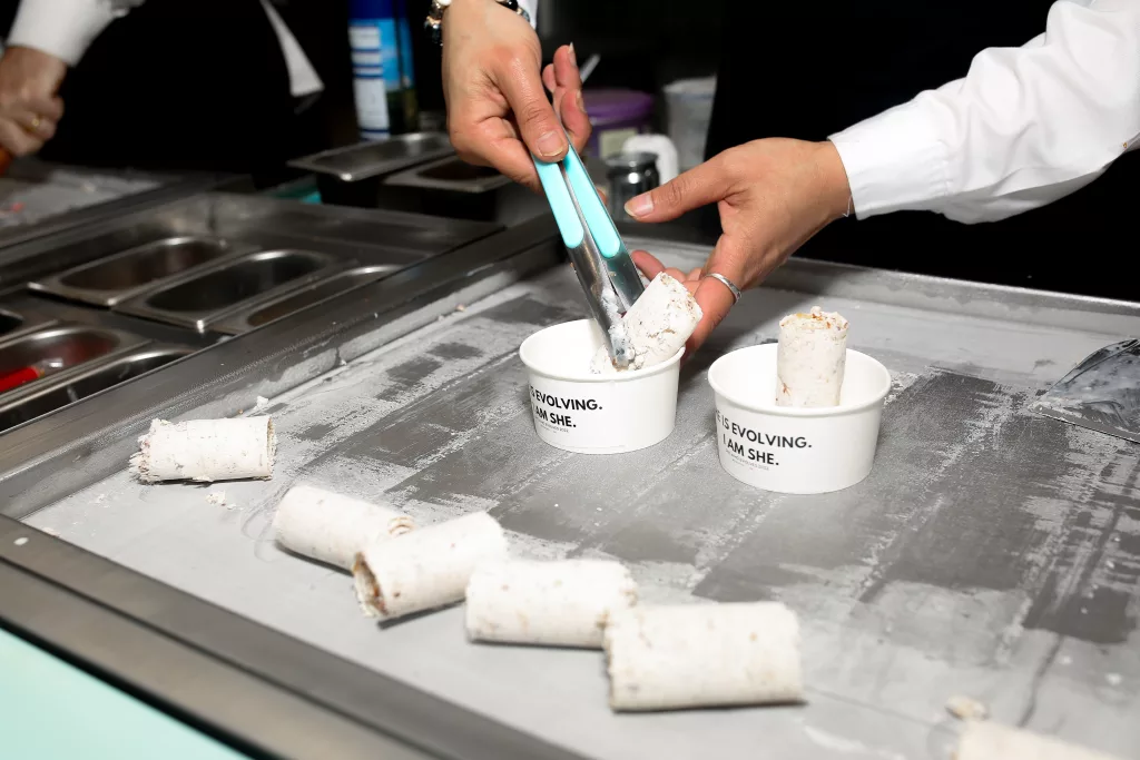 ice cream rolls being put in pots